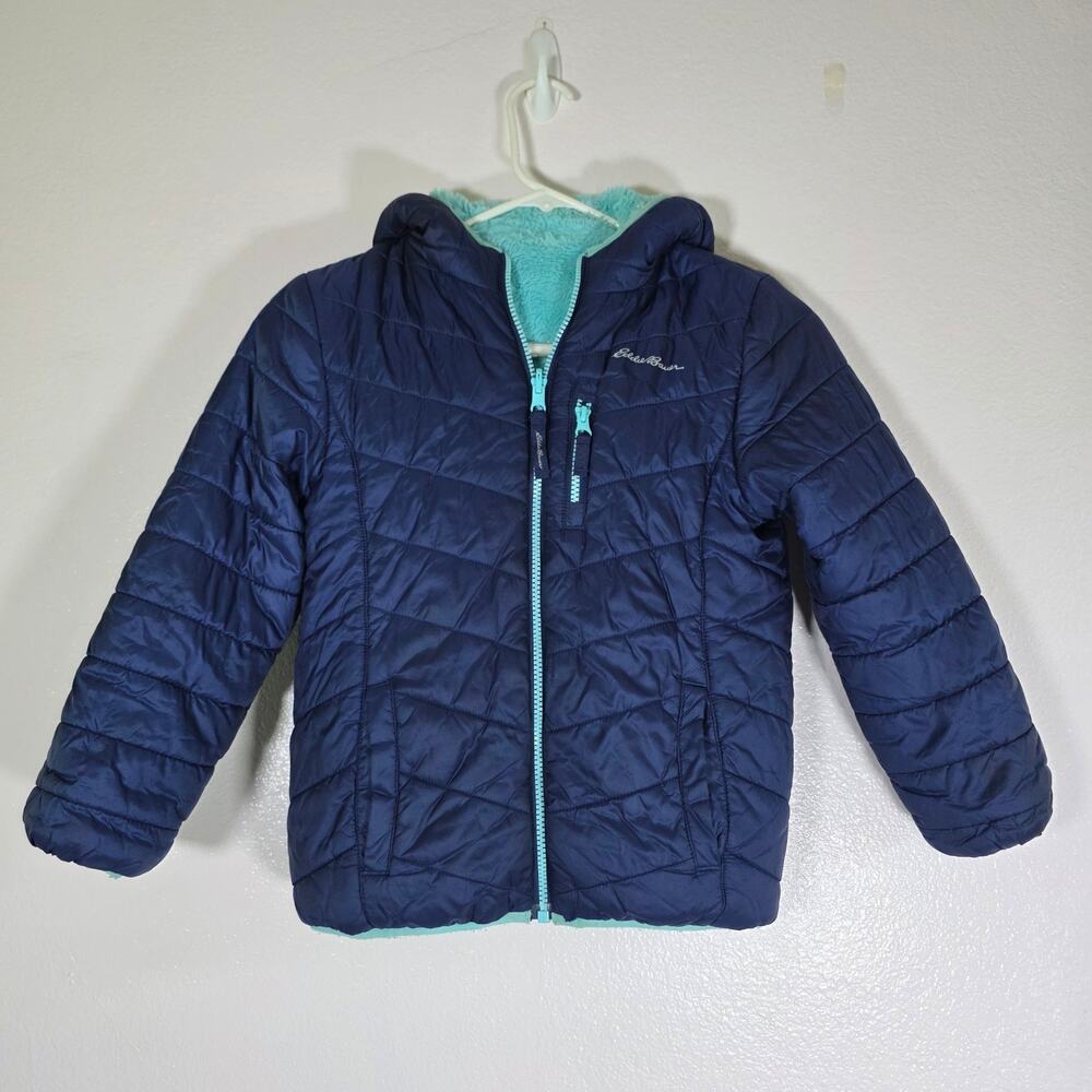Eddie Bauer Girls Reversible Puffer Fleece Jacket Blue Mint Size 5/6